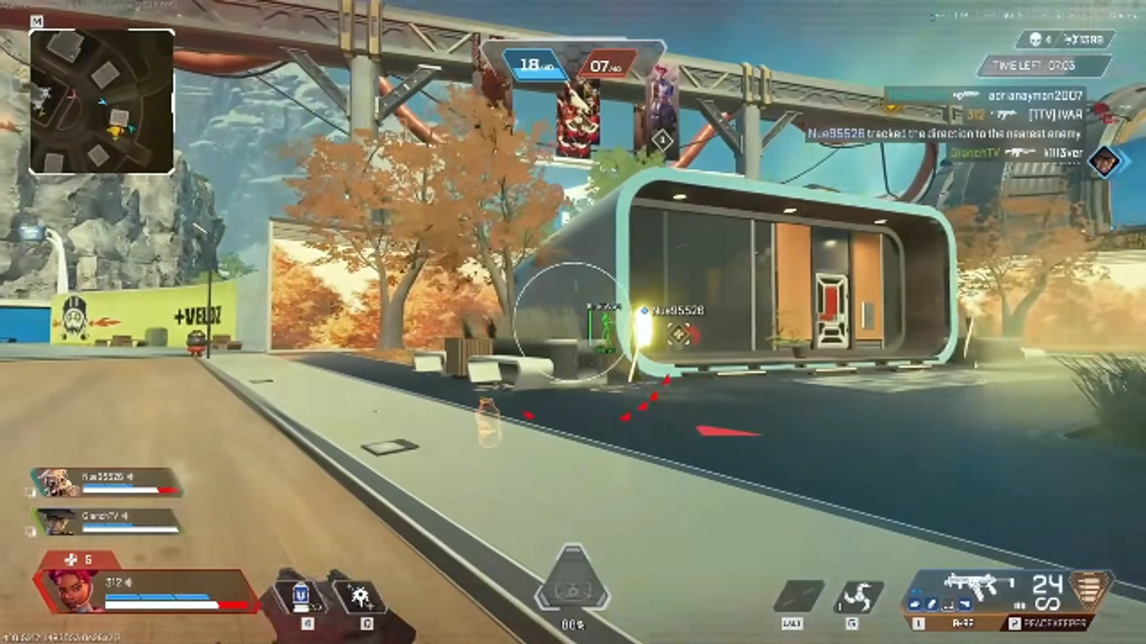Apex Legends green skeleton ESP through a round structure with directional threat arrows on Olympus